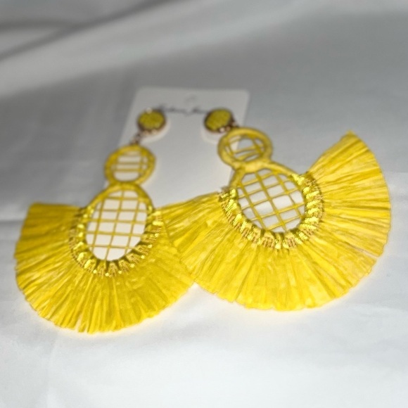 Women’s Statement Raffia Tassel Earrings Boho Dangle Drop Yellow - Picture 5 of 6